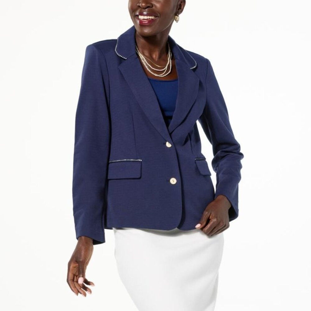 TWRHLL by Christie Brinkley Knit Blazer Jacket Size Small Navy Career Business